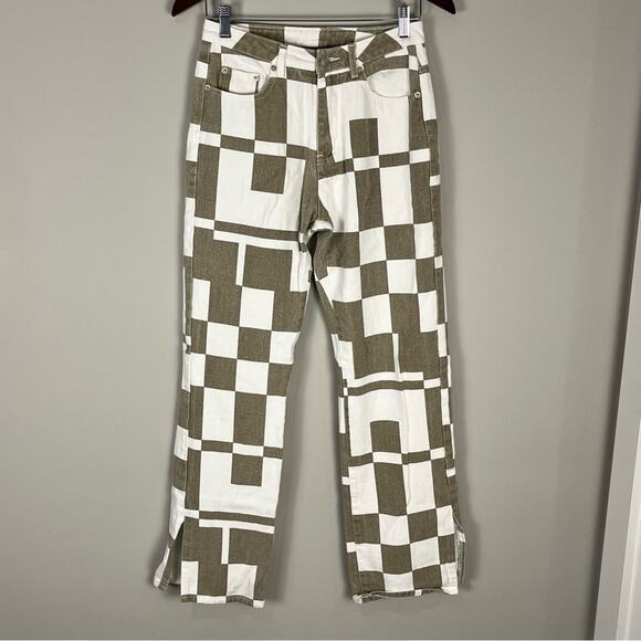 Beige Botany Denim - Beige Botany Wide Leg High Waisted Color Block Jeans Brown White Women's Small